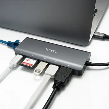 WIWU Adapter H1 Plus USB-C to USB-C+RJ45+HDMI+SD+3xUSB3.0 HUB Gray (6957815504312) - ITMag